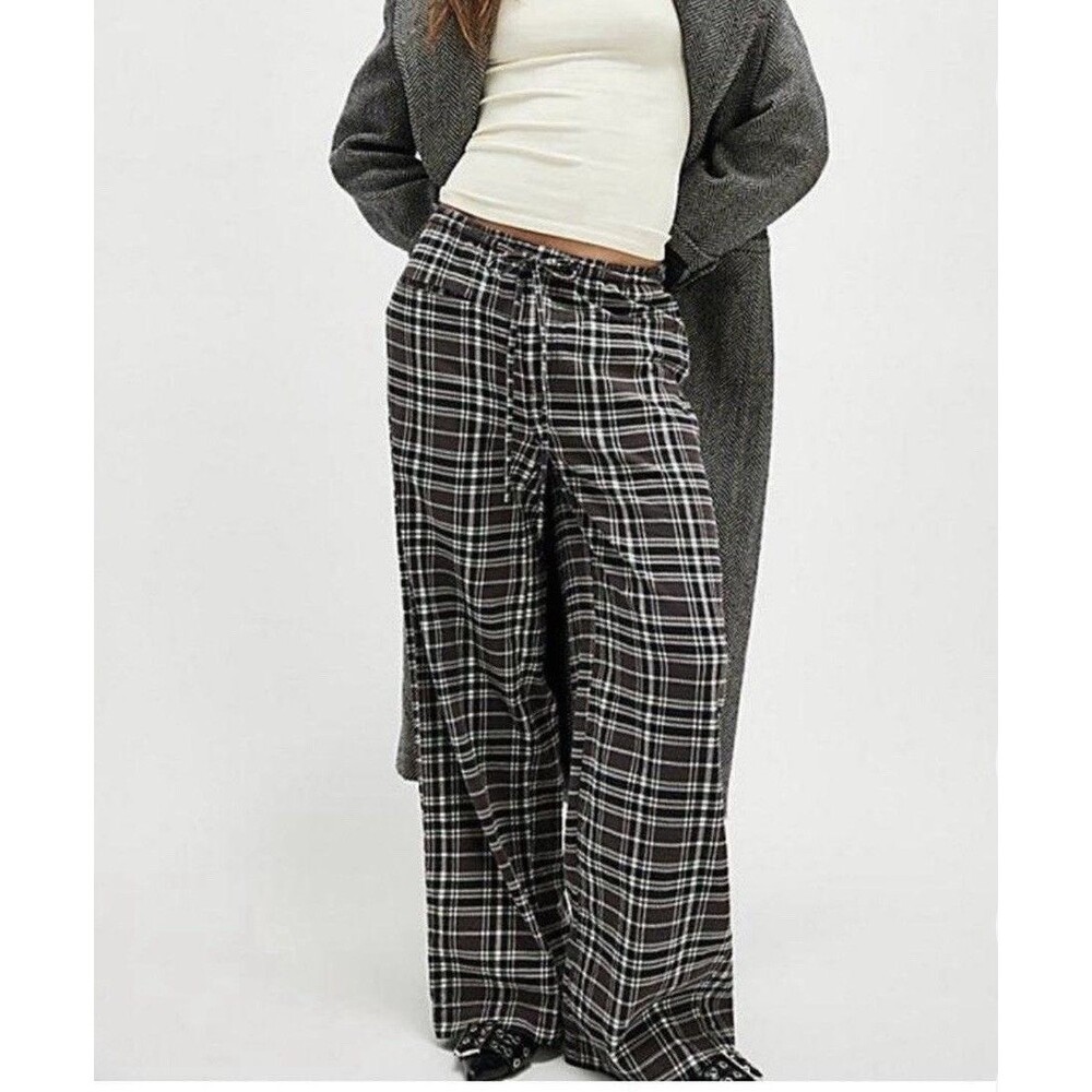 Free People Hudson Canyon Charcoal Black Plaid Trousers Sz XL Black/ Grey